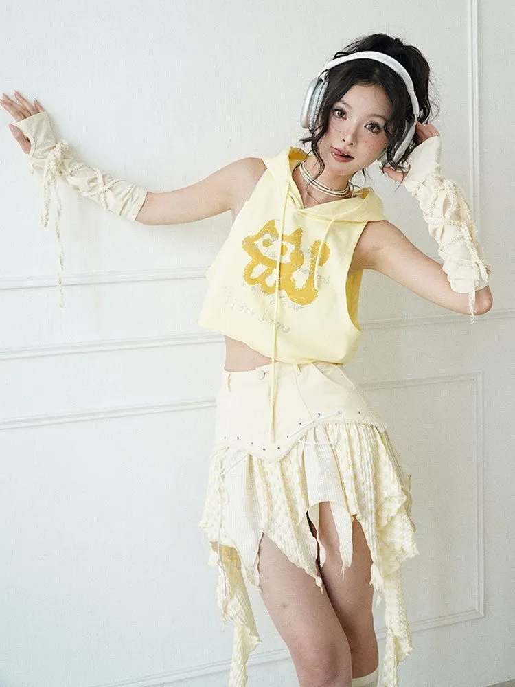 Checked Lace-Up Asymmetry Ruffle High-Waist Mini-Skirt