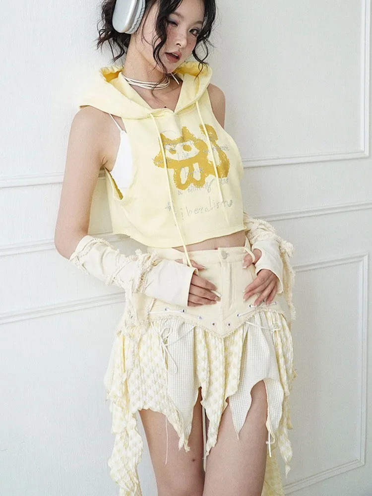 Checked Lace-Up Asymmetry Ruffle High-Waist Mini-Skirt