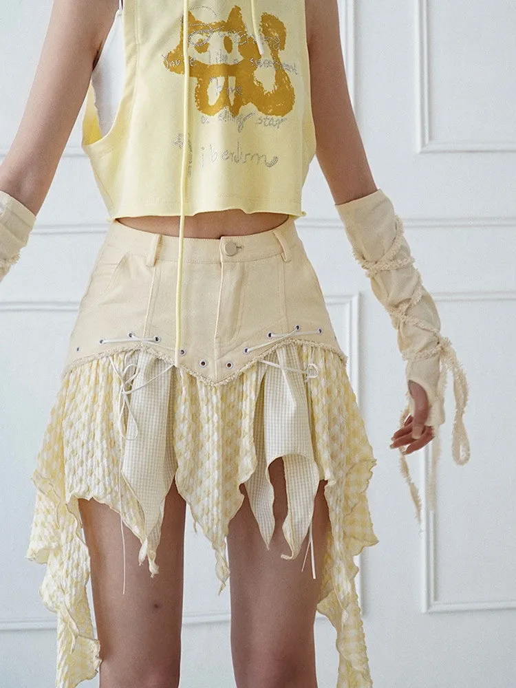 Checked Lace-Up Asymmetry Ruffle High-Waist Mini-Skirt