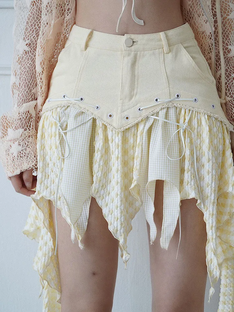 Checked Lace-Up Asymmetry Ruffle High-Waist Mini-Skirt