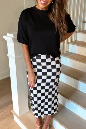 Checkered Print Midi Skirt in Black/White