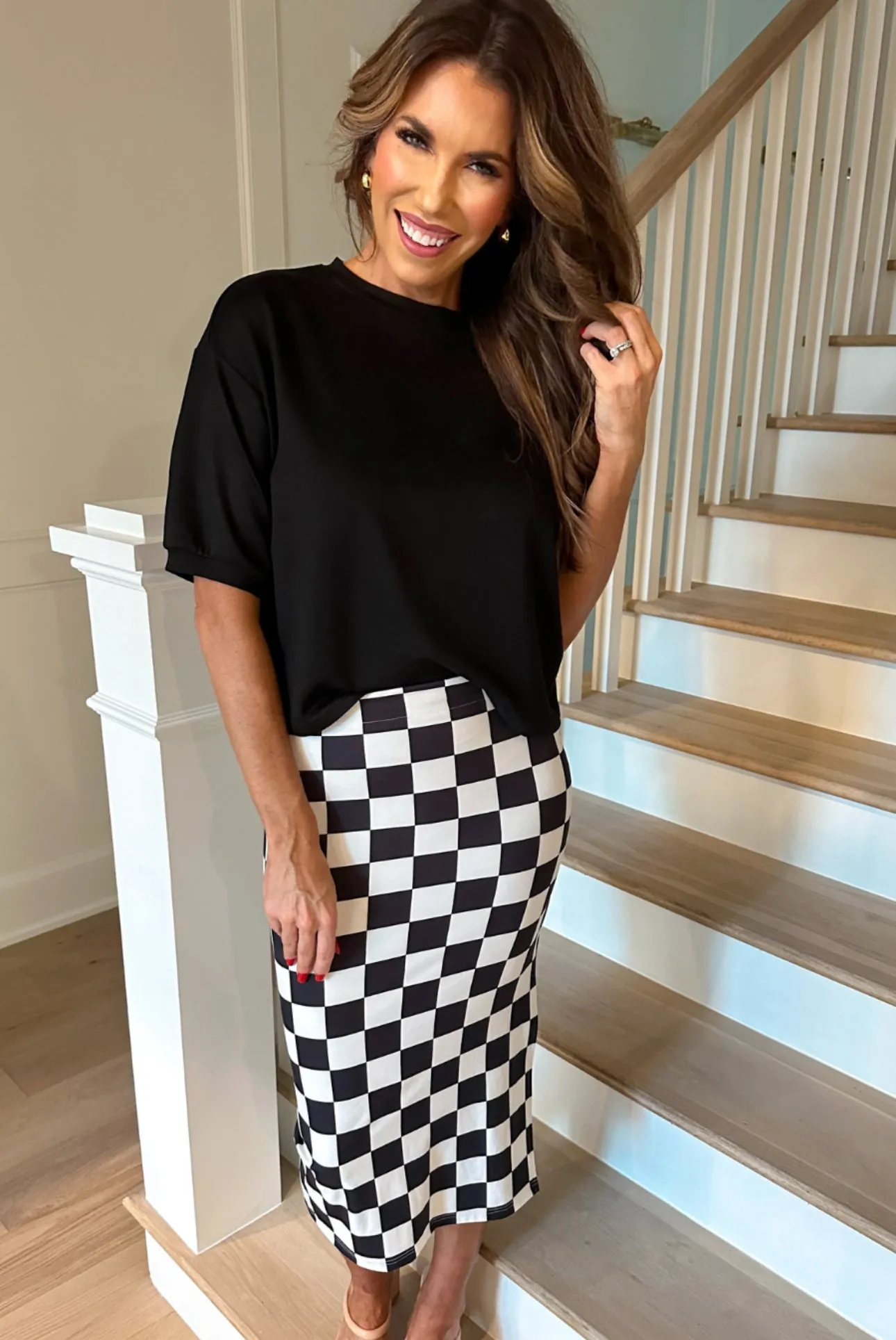 Checkered Print Midi Skirt in Black/White