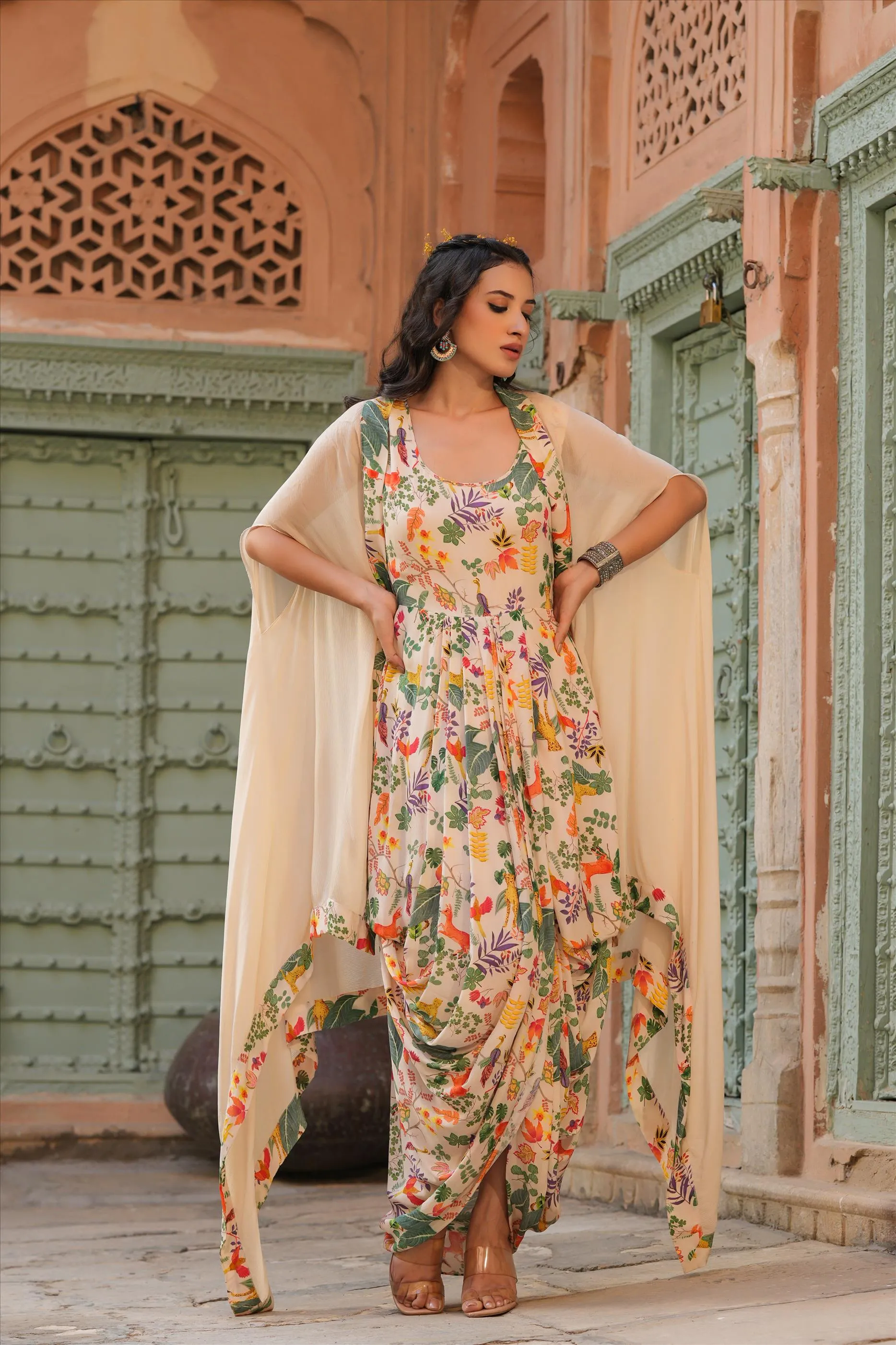 Cream Viscose Crepe Jungle Print Dhoti Style Ethnic Gown With Chinon Silk Asymmetric Cape Jacket