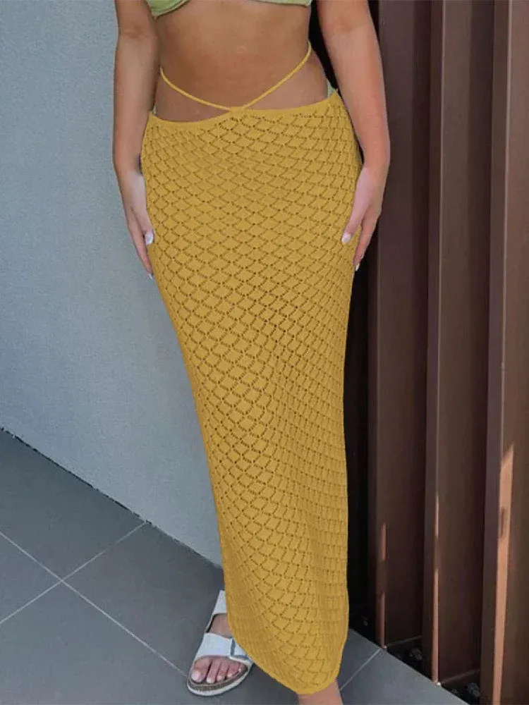 Crochet Knitted Lace Up Low Waist Long Skirts Womens 2023 Summer Beach Vacation Outfits Boho Sexy Maxi Skirt C88-CG25