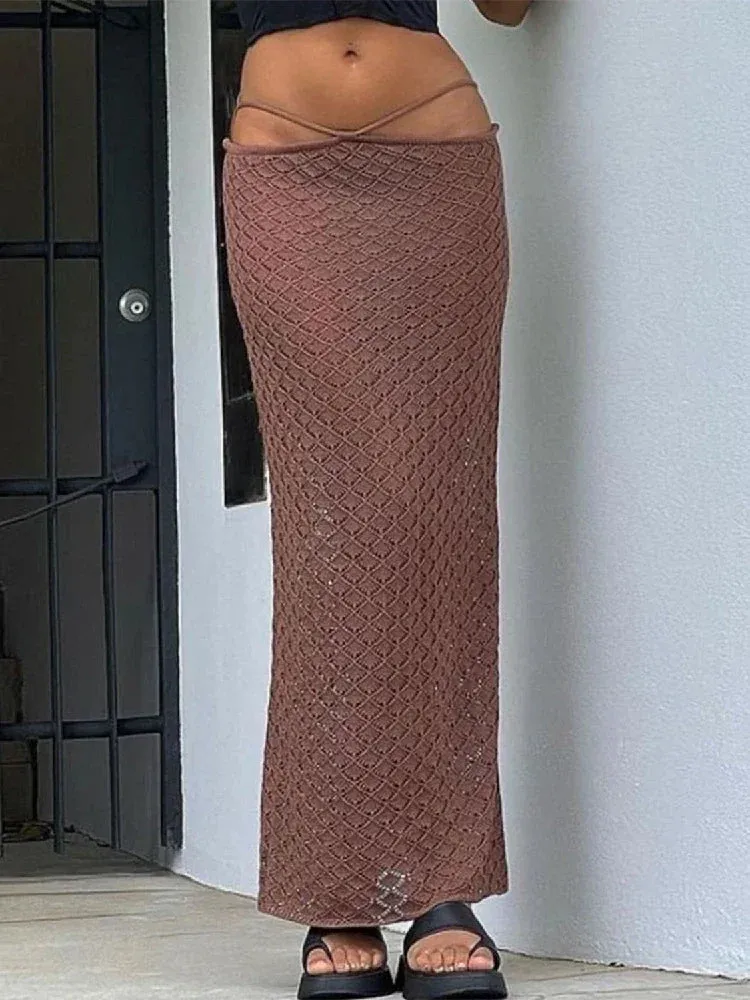 Crochet Knitted Lace Up Low Waist Long Skirts Womens 2023 Summer Beach Vacation Outfits Boho Sexy Maxi Skirt C88-CG25