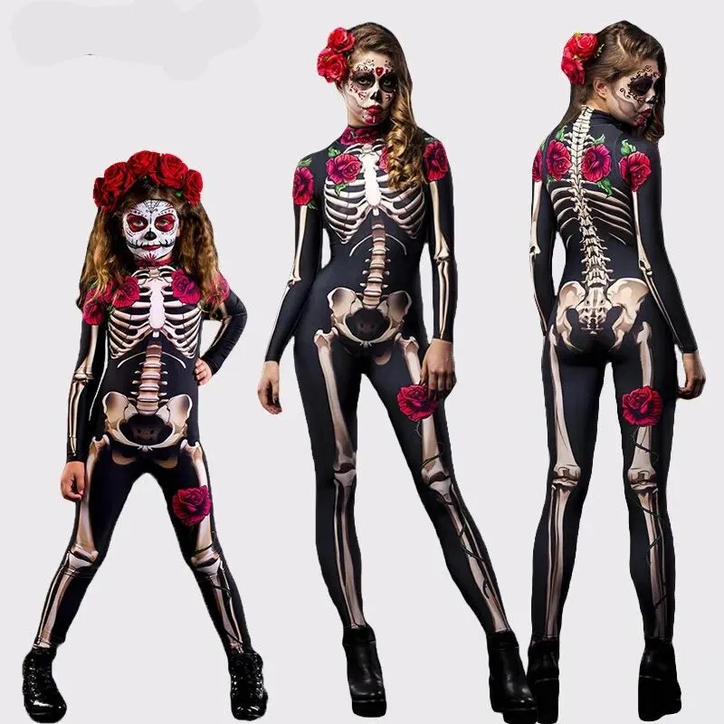 Day of the Dead Skeleton Bodycon Halloween Costume Adult Kids One Piece Rose Bodysuit