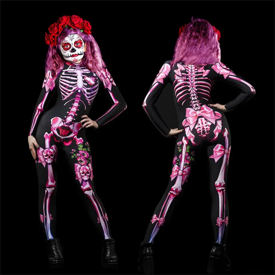 Day of the Dead Skeleton Bodycon Halloween Costume Adult Kids One Piece Rose Bodysuit