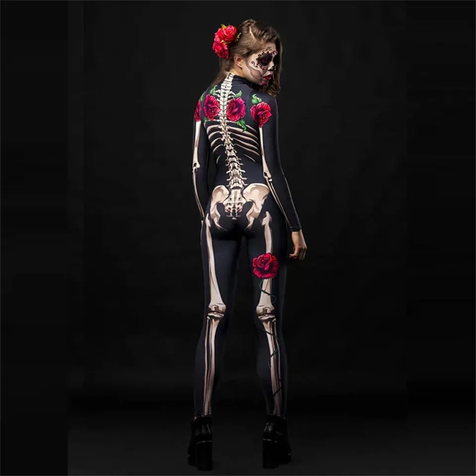 Day of the Dead Skeleton Bodycon Halloween Costume Adult Kids One Piece Rose Bodysuit