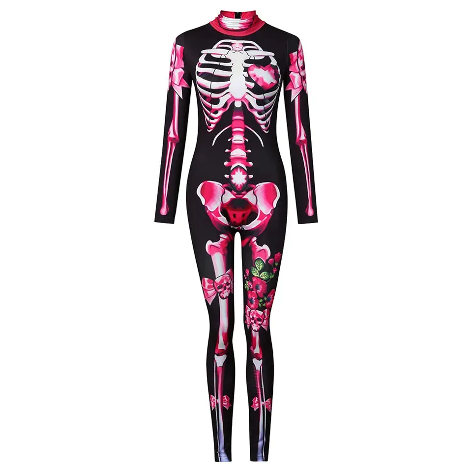 Day of the Dead Skeleton Bodycon Halloween Costume Adult Kids One Piece Rose Bodysuit