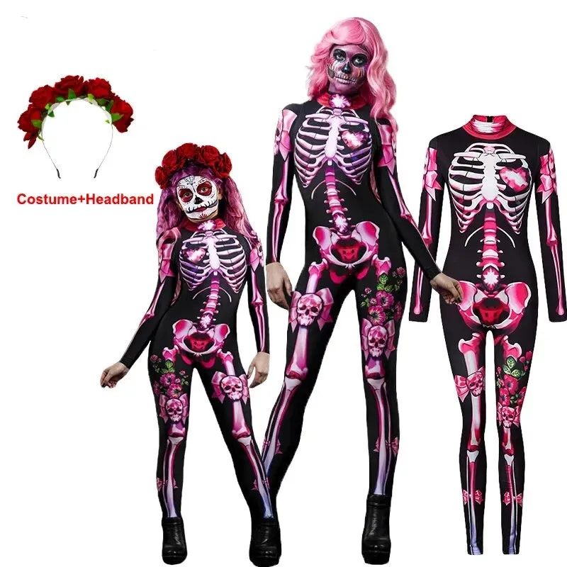 Day of the Dead Skeleton Bodycon Halloween Costume Adult Kids One Piece Rose Bodysuit