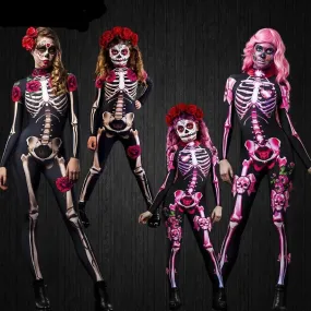 Day of the Dead Skeleton Bodycon Halloween Costume Adult Kids One Piece Rose Bodysuit