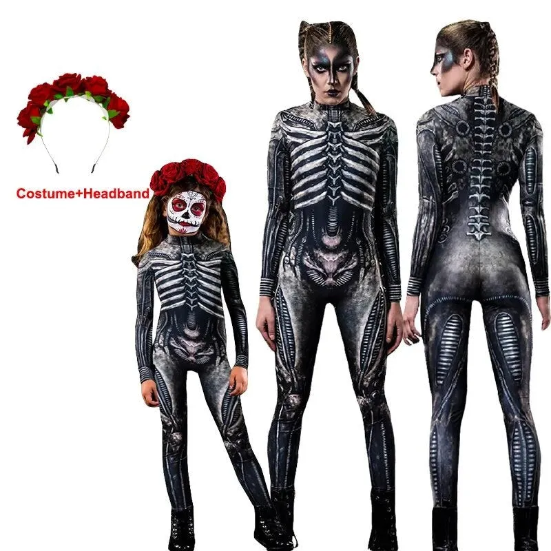 Day of the Dead Skeleton Bodycon Halloween Costume Adult Kids One Piece Rose Bodysuit