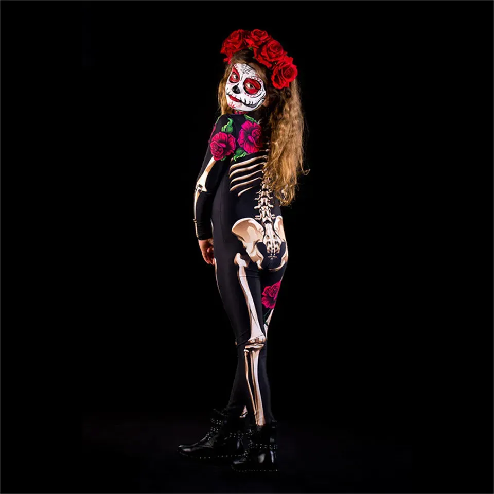 Day of the Dead Skeleton Bodycon Halloween Costume Adult Kids One Piece Rose Bodysuit