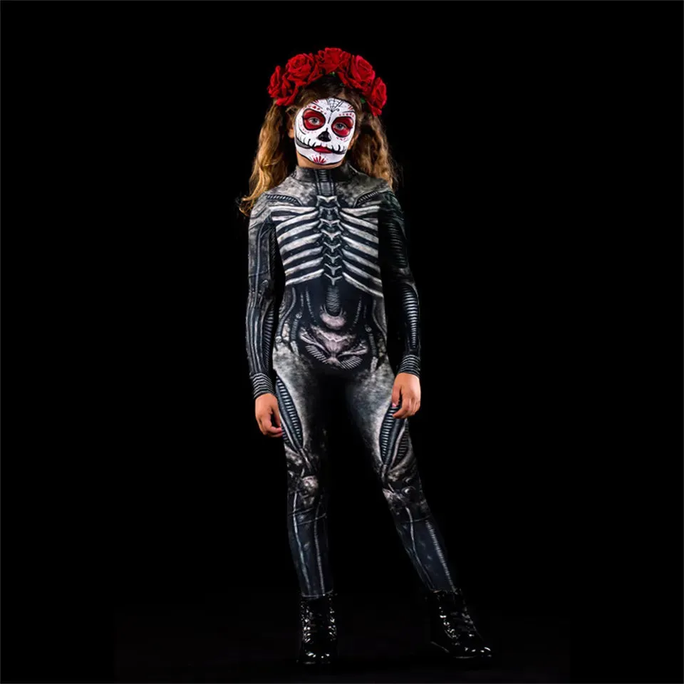 Day of the Dead Skeleton Bodycon Halloween Costume Adult Kids One Piece Rose Bodysuit