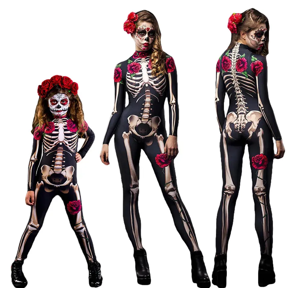 Day of the Dead Skeleton Bodycon Halloween Costume Adult Kids One Piece Rose Bodysuit