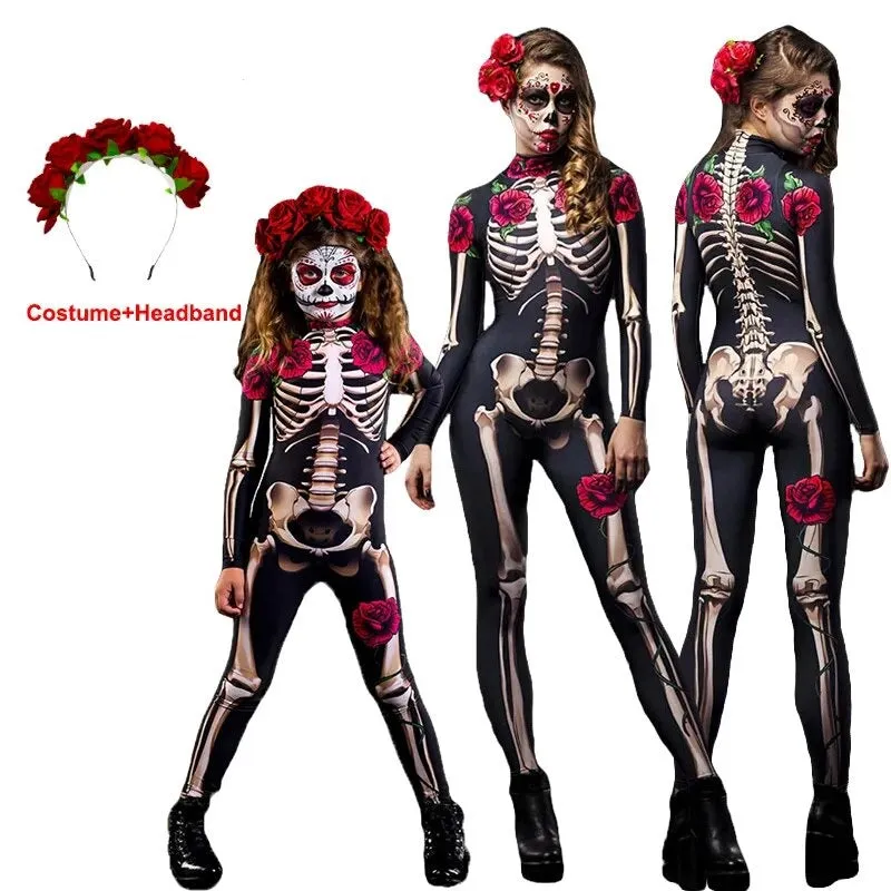 Day of the Dead Skeleton Bodycon Halloween Costume Adult Kids One Piece Rose Bodysuit