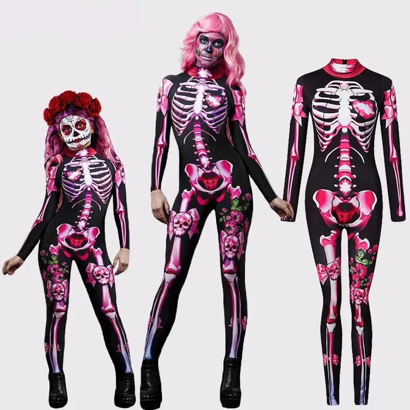 Day of the Dead Skeleton Bodycon Halloween Costume Adult Kids One Piece Rose Bodysuit