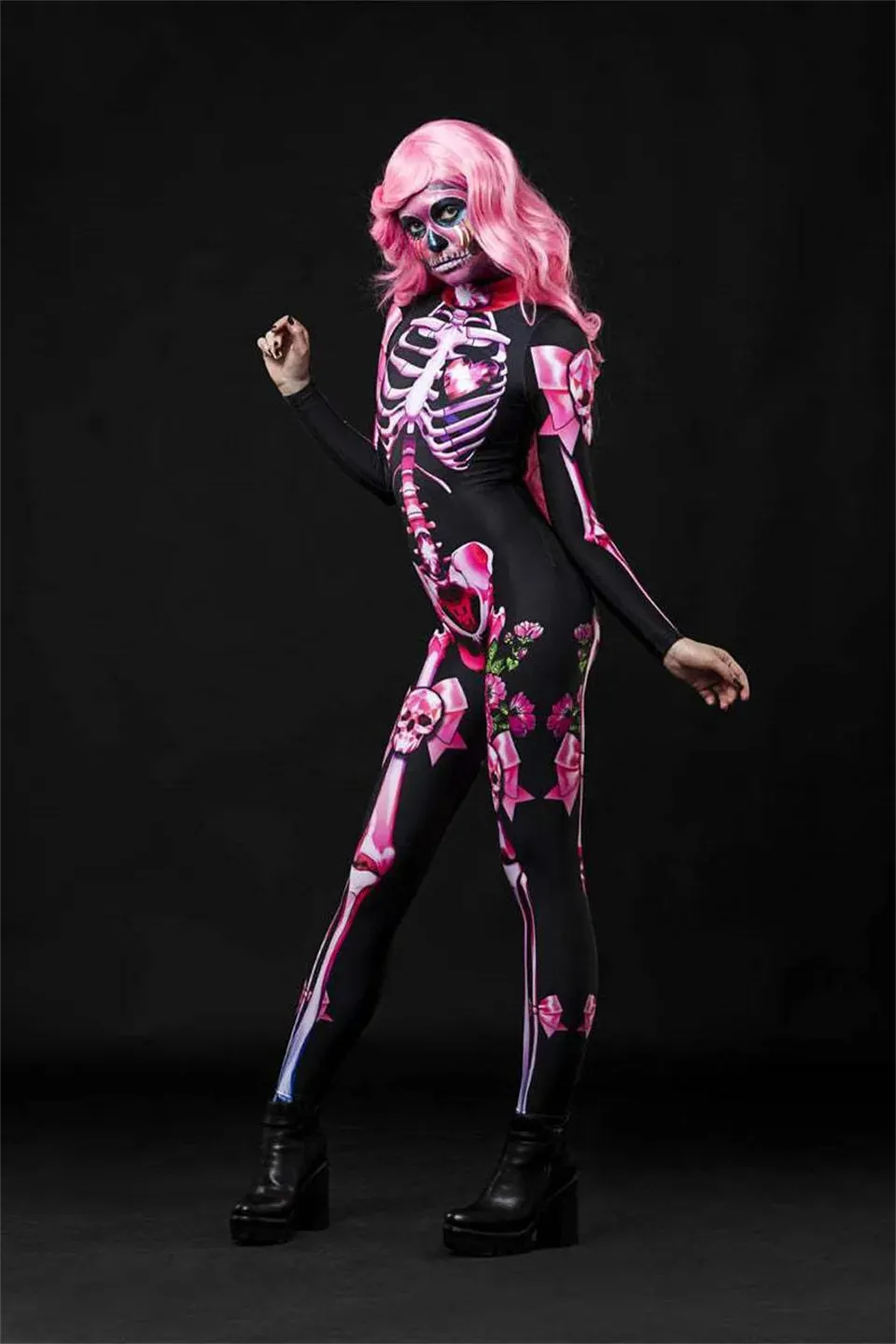 Day of the Dead Skeleton Bodycon Halloween Costume Adult Kids One Piece Rose Bodysuit