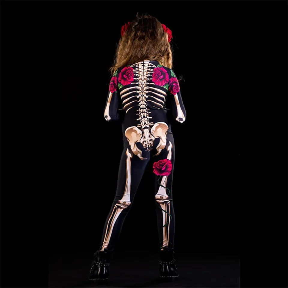 Day of the Dead Skeleton Bodycon Halloween Costume Adult Kids One Piece Rose Bodysuit