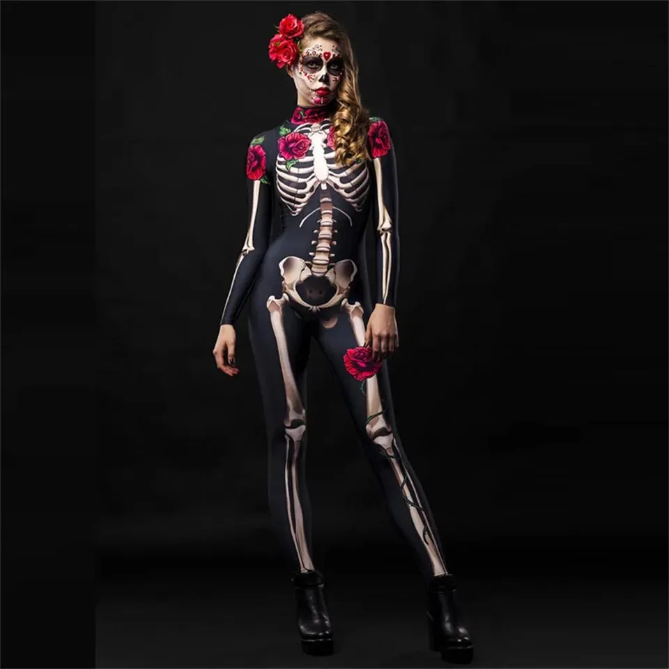 Day of the Dead Skeleton Bodycon Halloween Costume Adult Kids One Piece Rose Bodysuit