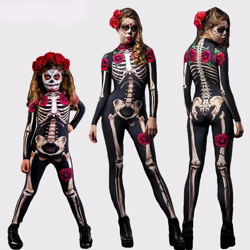 Day of the Dead Skeleton Bodycon Halloween Costume Adult Kids One Piece Rose Bodysuit