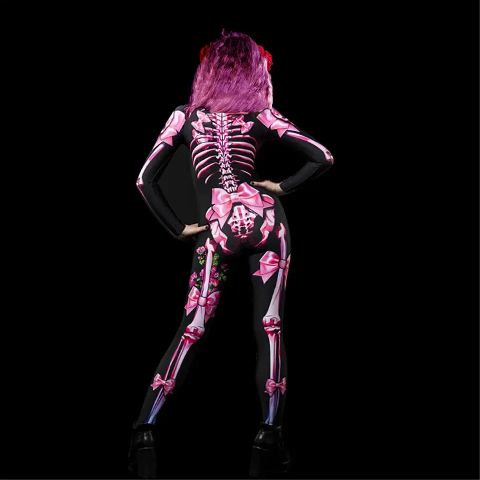 Day of the Dead Skeleton Bodycon Halloween Costume Adult Kids One Piece Rose Bodysuit