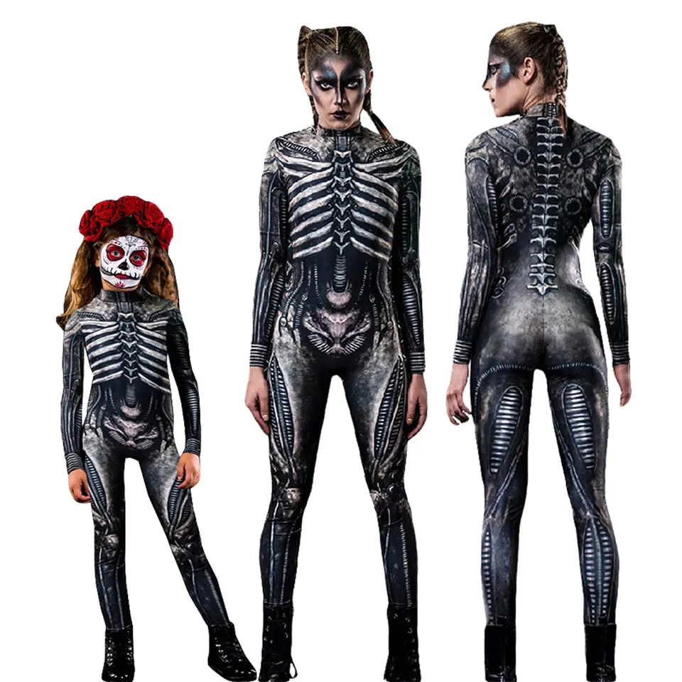 Day of the Dead Skeleton Bodycon Halloween Costume Adult Kids One Piece Rose Bodysuit