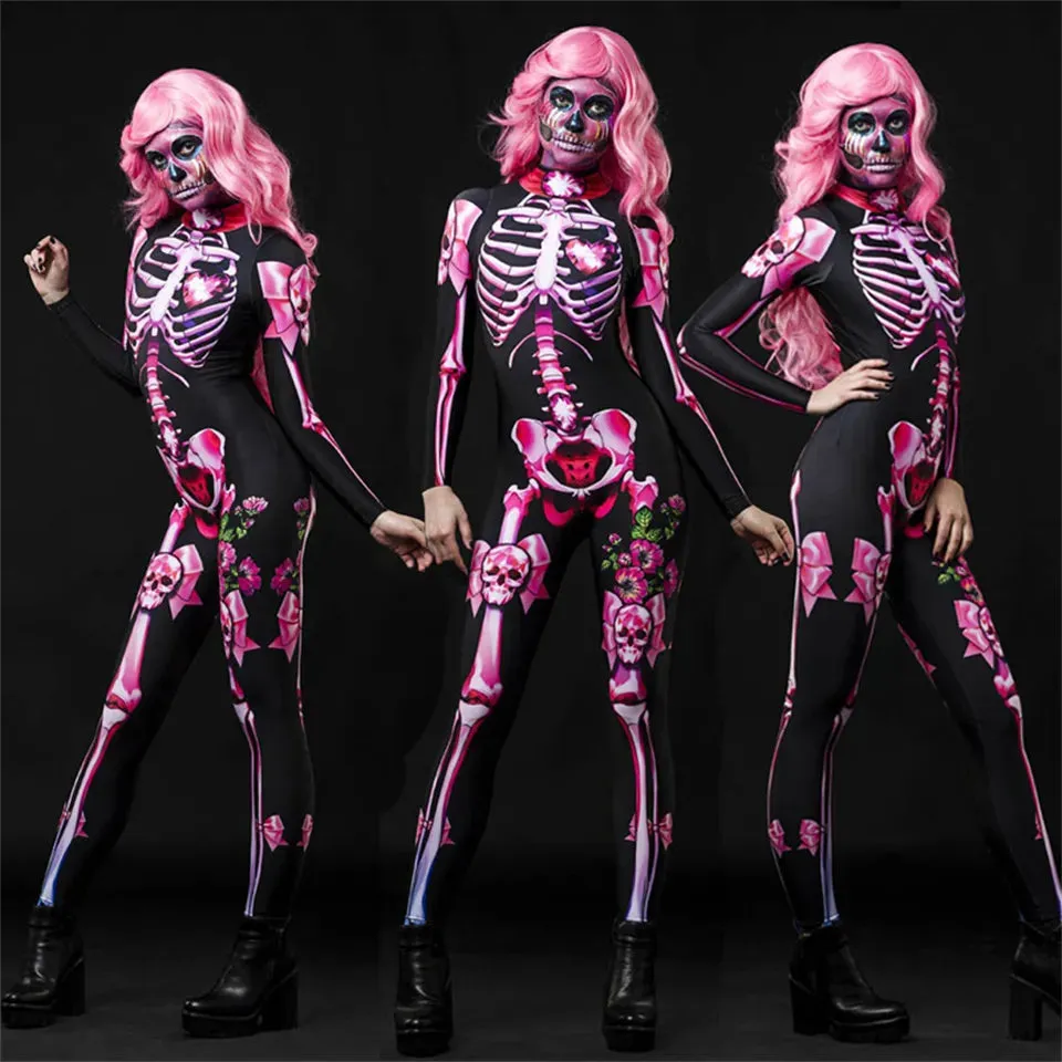 Day of the Dead Skeleton Bodycon Halloween Costume Adult Kids One Piece Rose Bodysuit