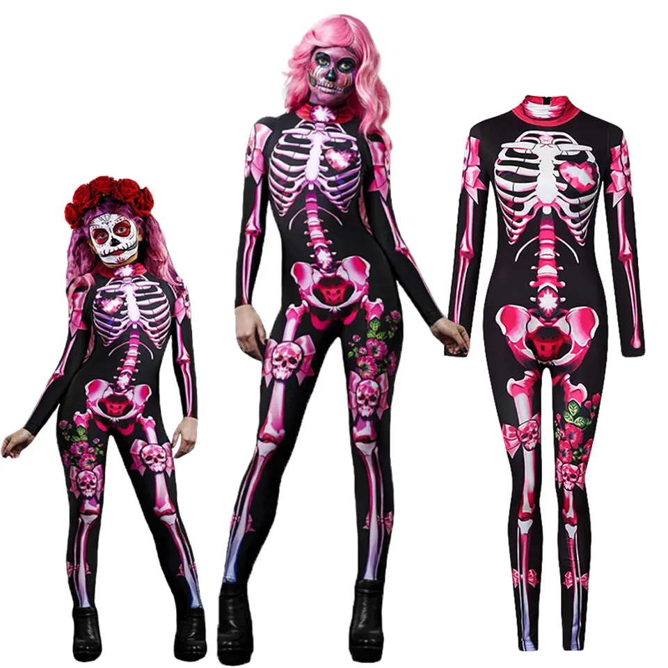 Day of the Dead Skeleton Bodycon Halloween Costume Adult Kids One Piece Rose Bodysuit