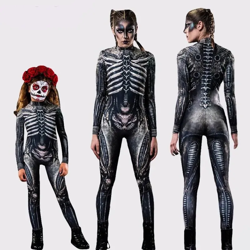 Day of the Dead Skeleton Bodycon Halloween Costume Adult Kids One Piece Rose Bodysuit