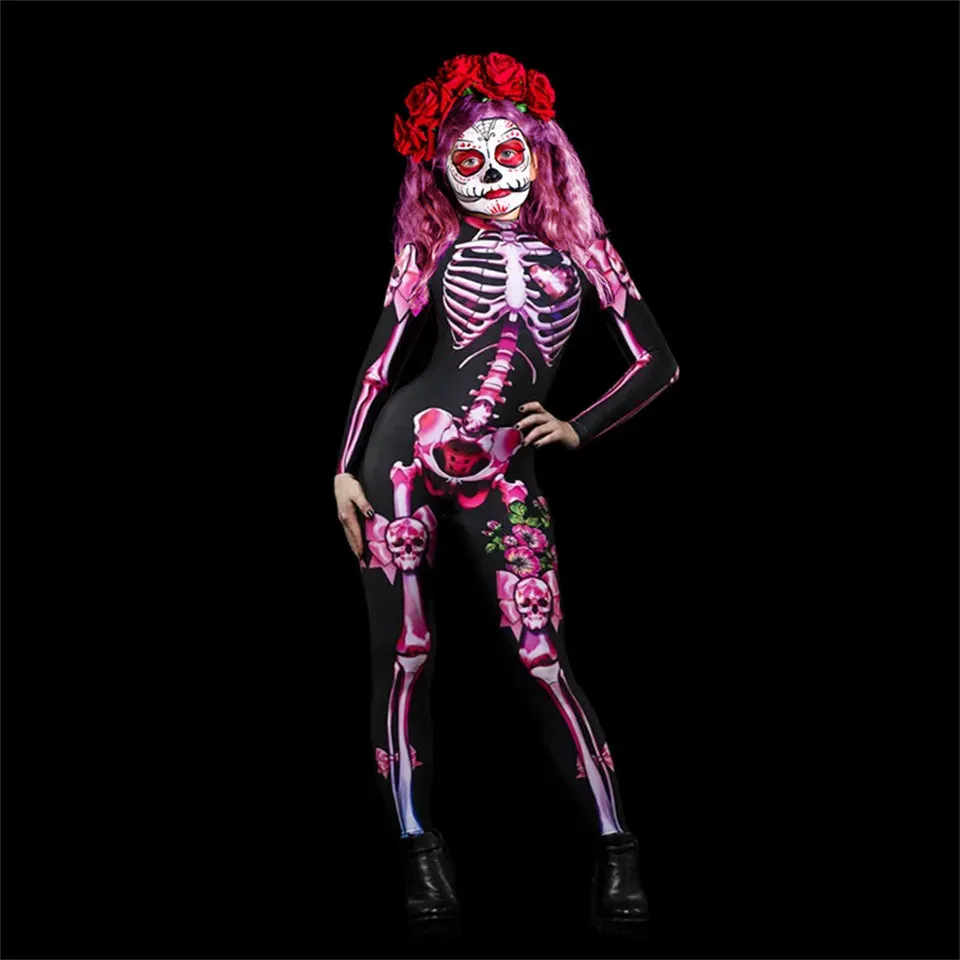Day of the Dead Skeleton Bodycon Halloween Costume Adult Kids One Piece Rose Bodysuit