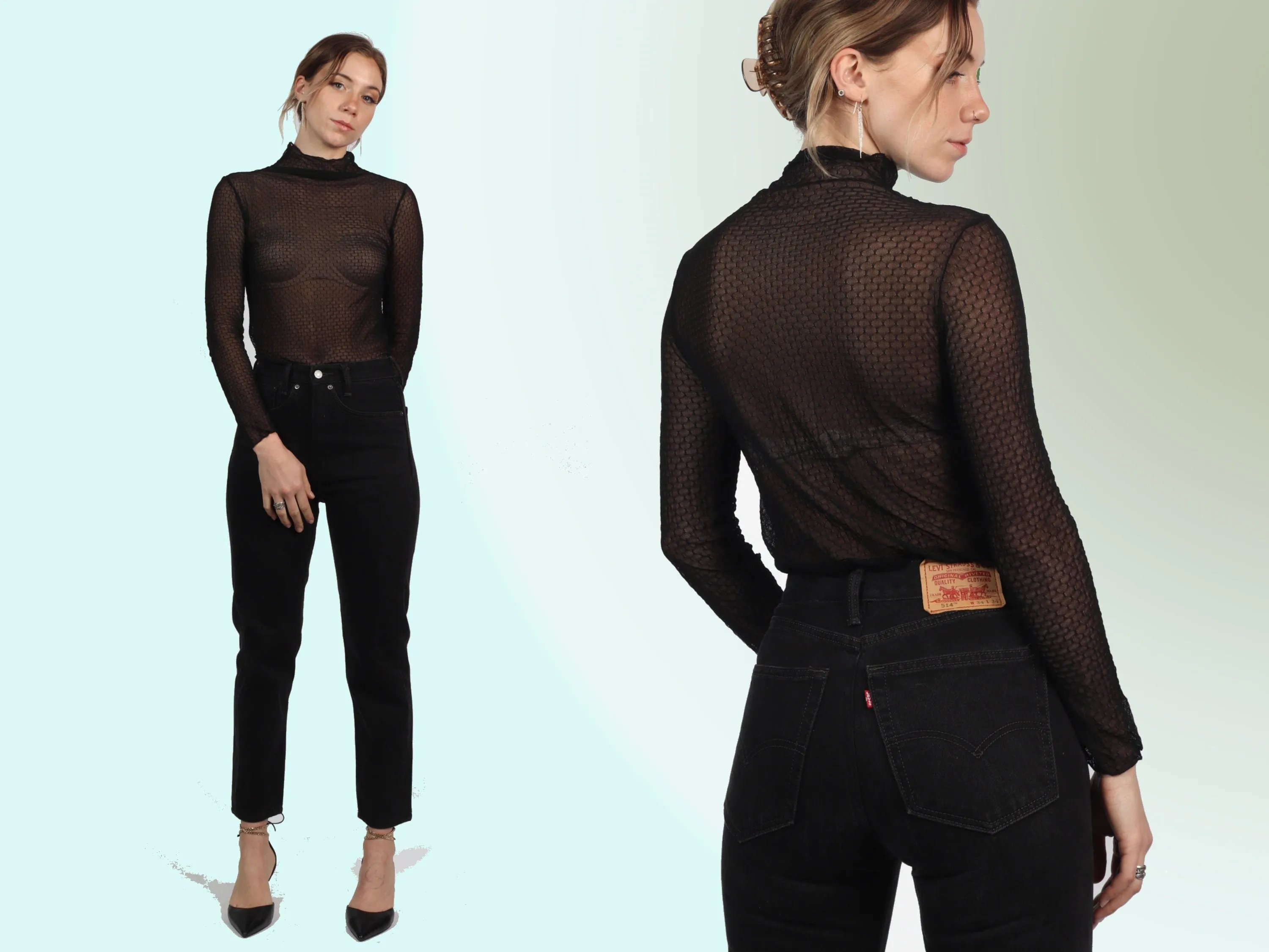 Delicate Diamond Weave Black Mock Neck Sheer Top