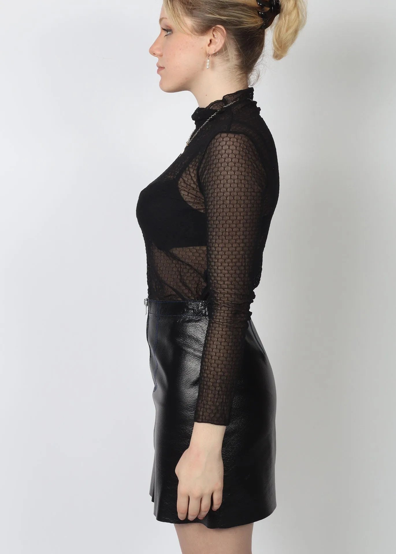 Delicate Diamond Weave Black Mock Neck Sheer Top