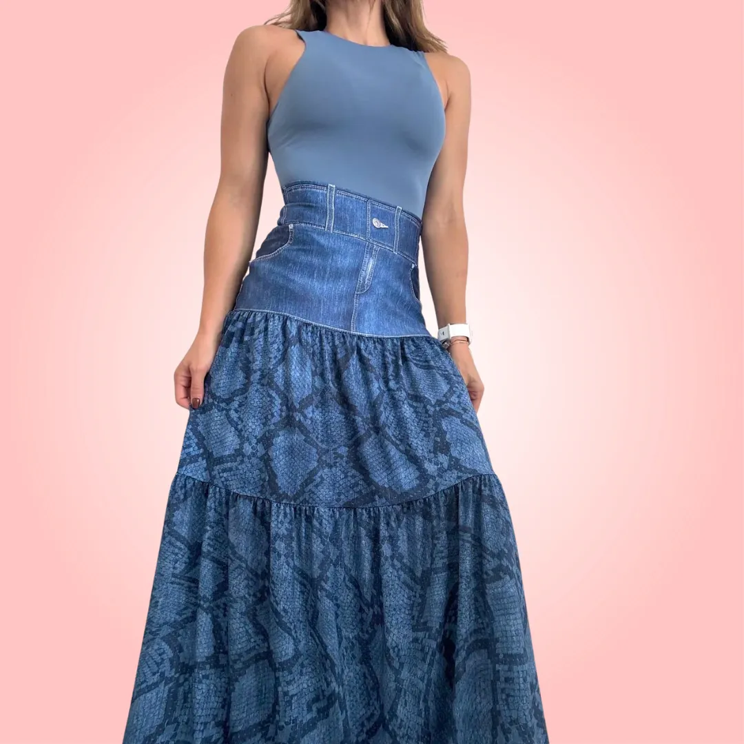 Denim Blue Snake Maxi Skirt