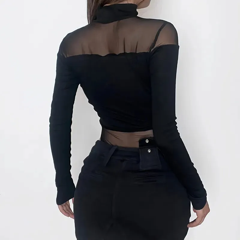 Elegant Black Skinny Mesh See-through Bodysuit
