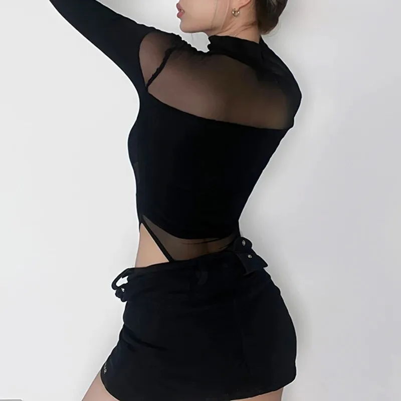 Elegant Black Skinny Mesh See-through Bodysuit