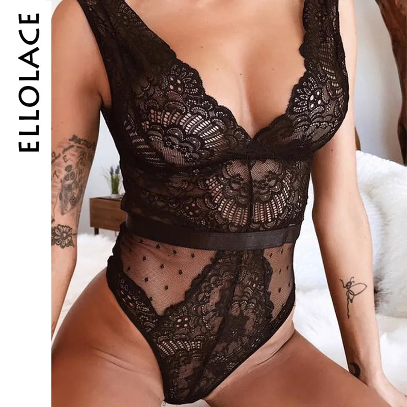Ellolace Summer Lace Bodysuit Women Floral Embroidery