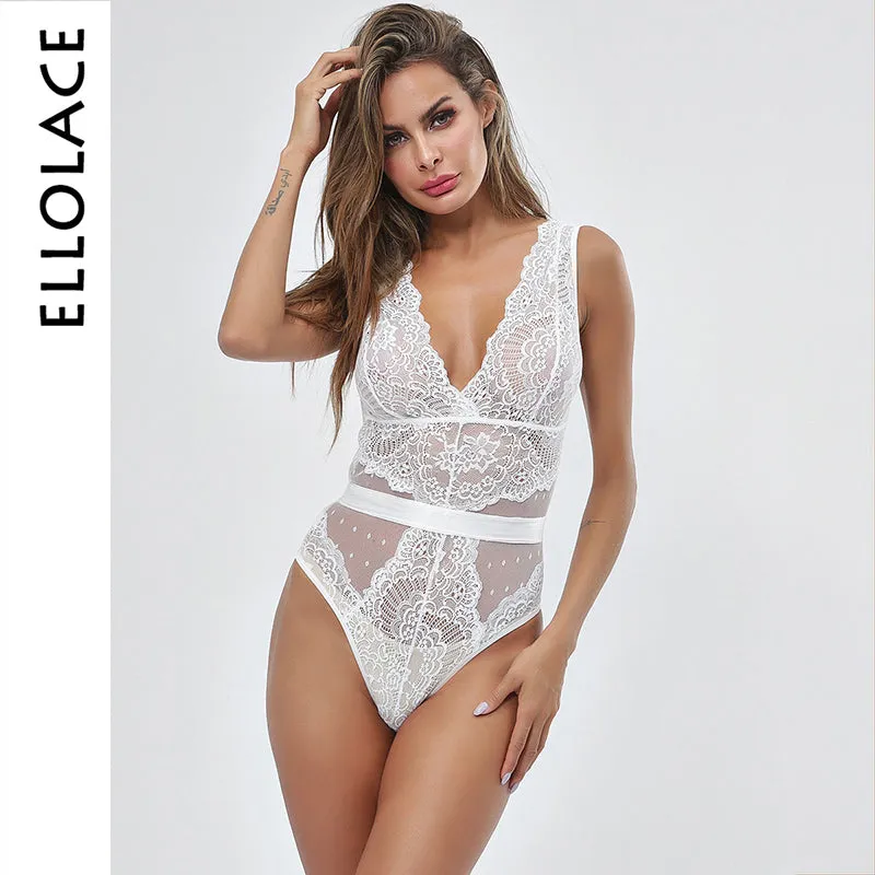 Ellolace Summer Lace Bodysuit Women Floral Embroidery