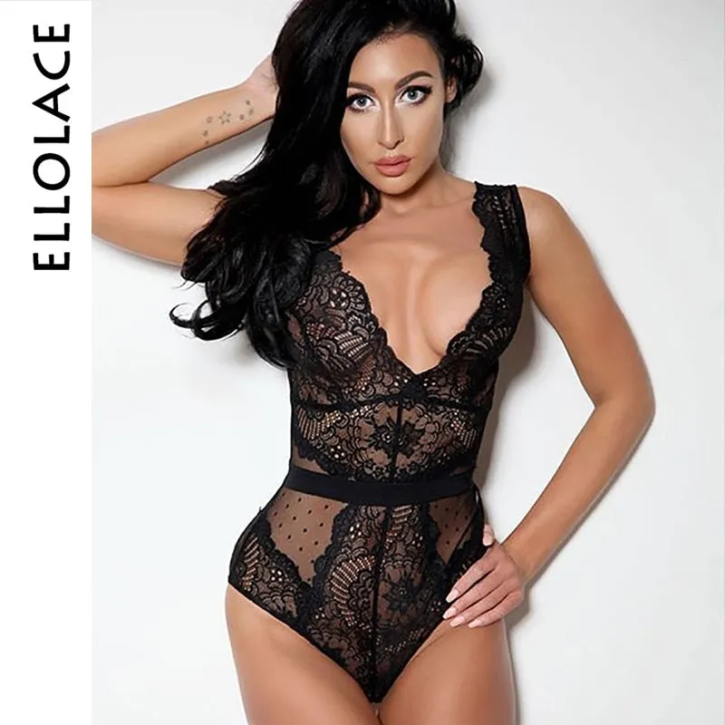 Ellolace Summer Lace Bodysuit Women Floral Embroidery
