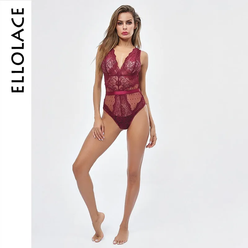 Ellolace Summer Lace Bodysuit Women Floral Embroidery