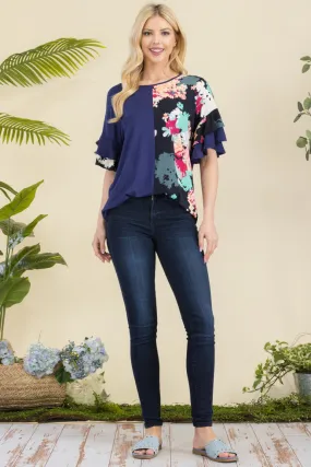 Floral Contrast Double Layer Ruffle Sleeve Top - Navy