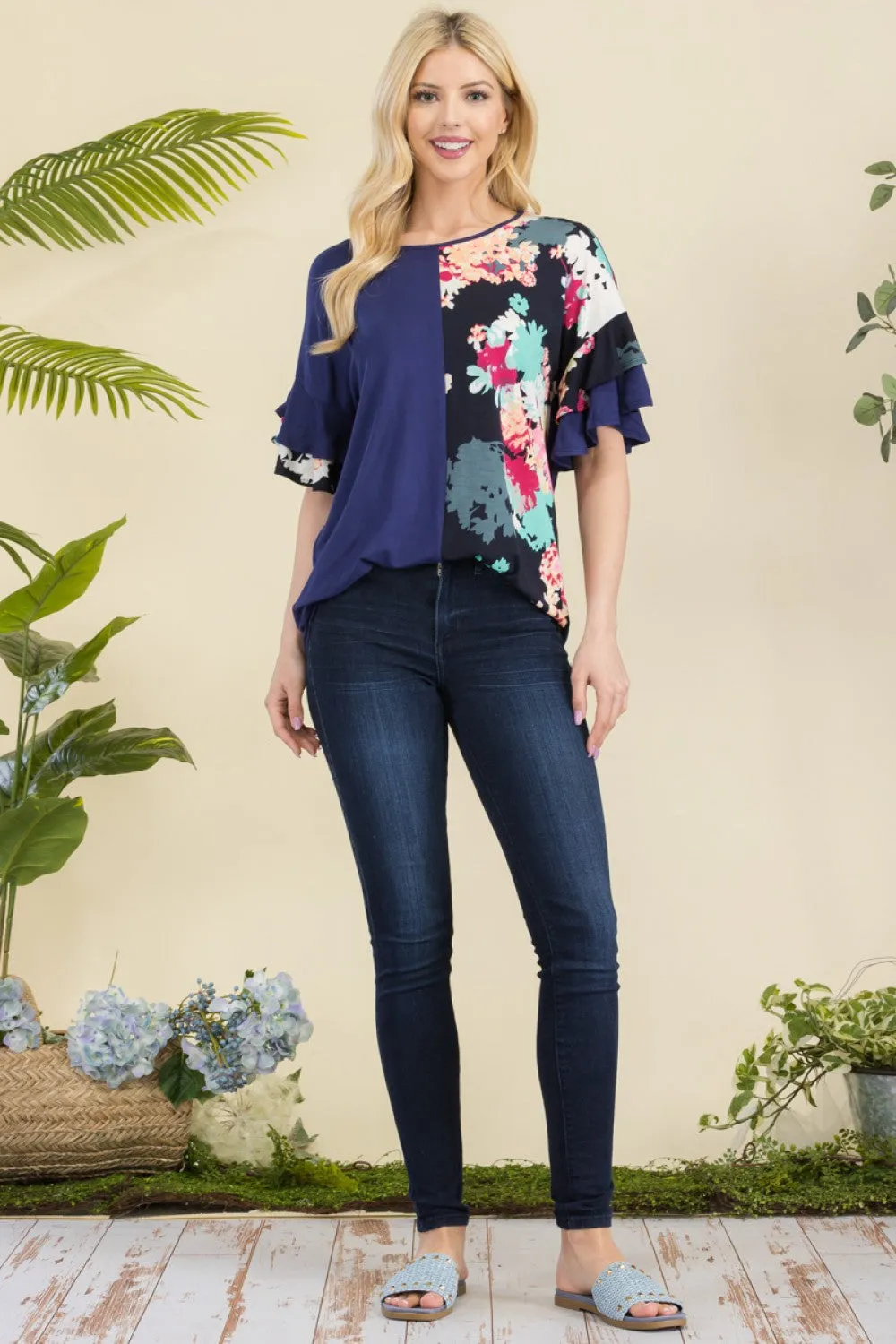 Floral Contrast Double Layer Ruffle Sleeve Top - Navy