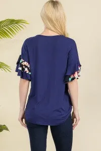 Floral Contrast Double Layer Ruffle Sleeve Top - Navy