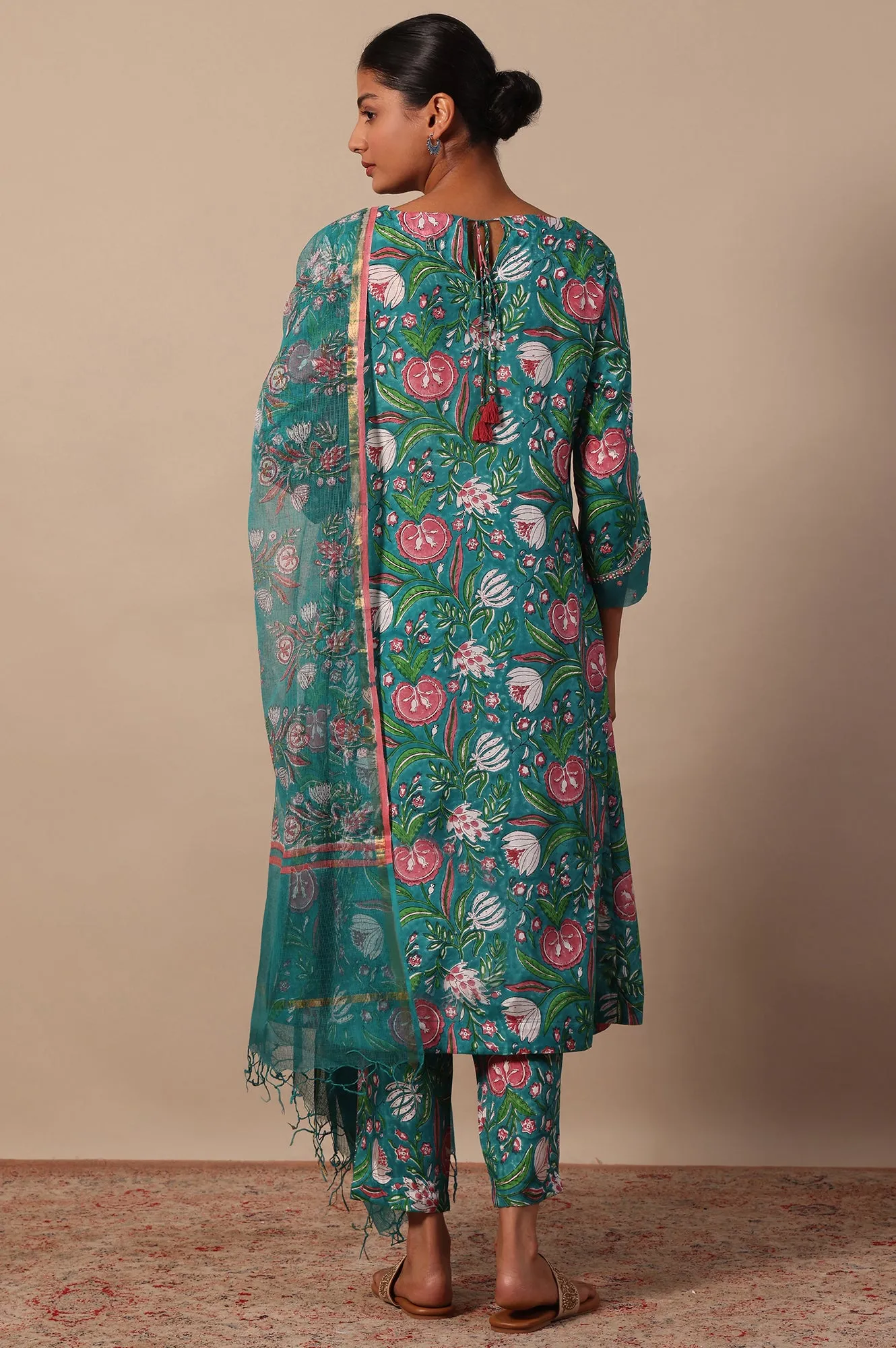 Floral Printed Mirror work A-line Viscose Kurta & Straight Pants with Dupatta Set