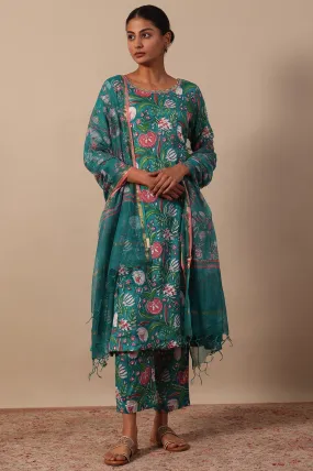 Floral Printed Mirror work A-line Viscose Kurta & Straight Pants with Dupatta Set