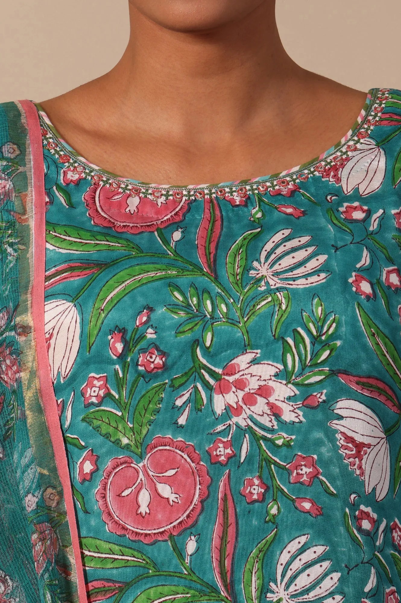 Floral Printed Mirror work A-line Viscose Kurta & Straight Pants with Dupatta Set
