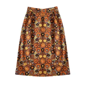 Gathered Midi Skirt in Becky Print in Orange & Brown