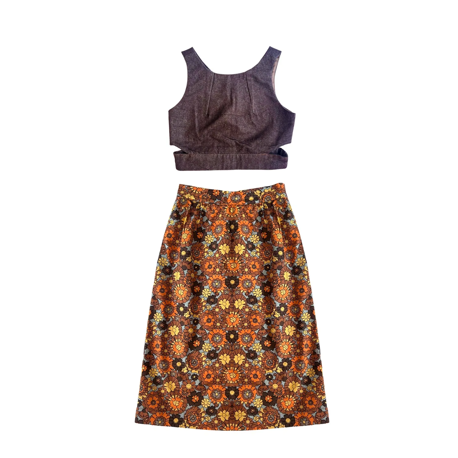 Gathered Midi Skirt in Becky Print in Orange & Brown
