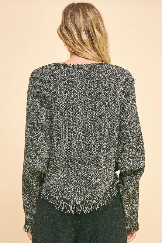 Grey Black Fringe Asymmetrical Crop Sweater