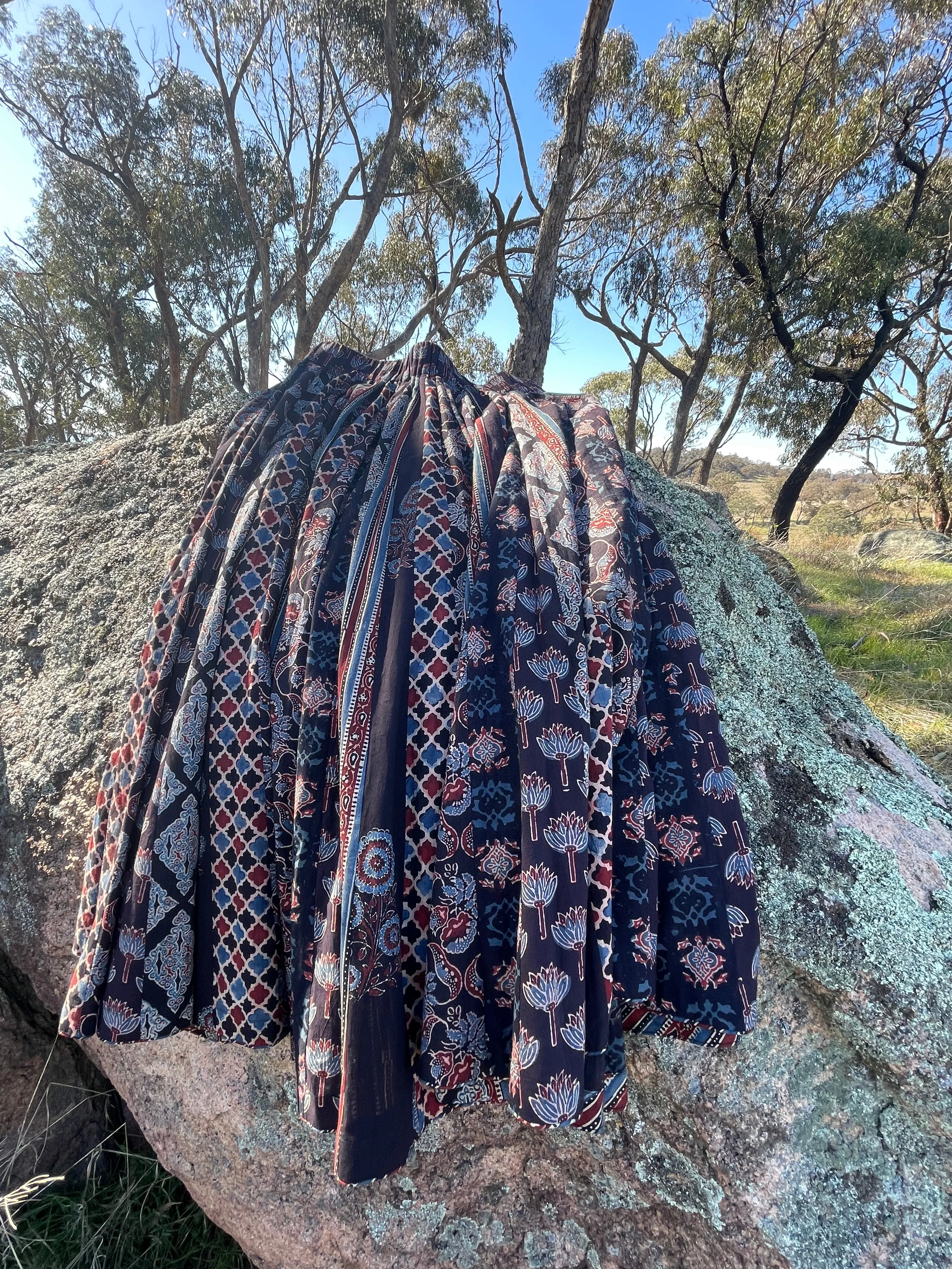 Handblock Printed Panelled Skirt- Ajrakh Midnight M